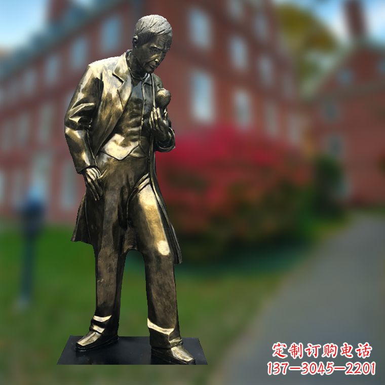 烟台爱迪生与灯泡-玻璃钢仿铜校园名人全身雕塑