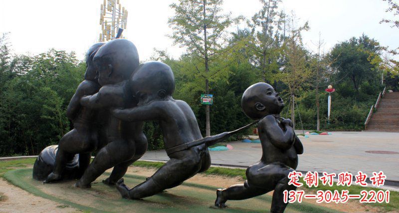 烟台拔萝卜的小孩街边景观铜雕