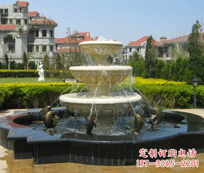 烟台别墅景观多层鲤鱼喷泉石雕