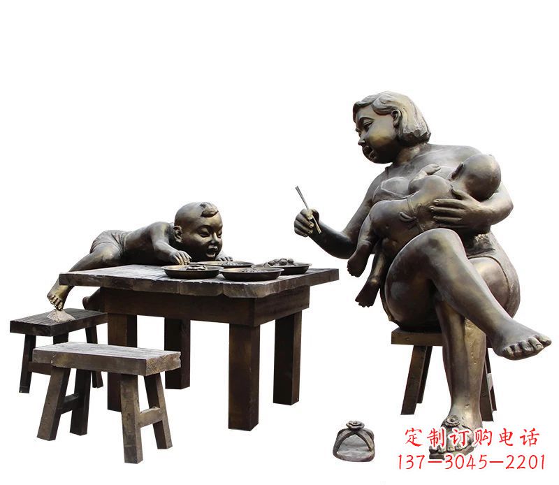 烟台哺乳的母亲和吃饭的儿童公园小品铜雕