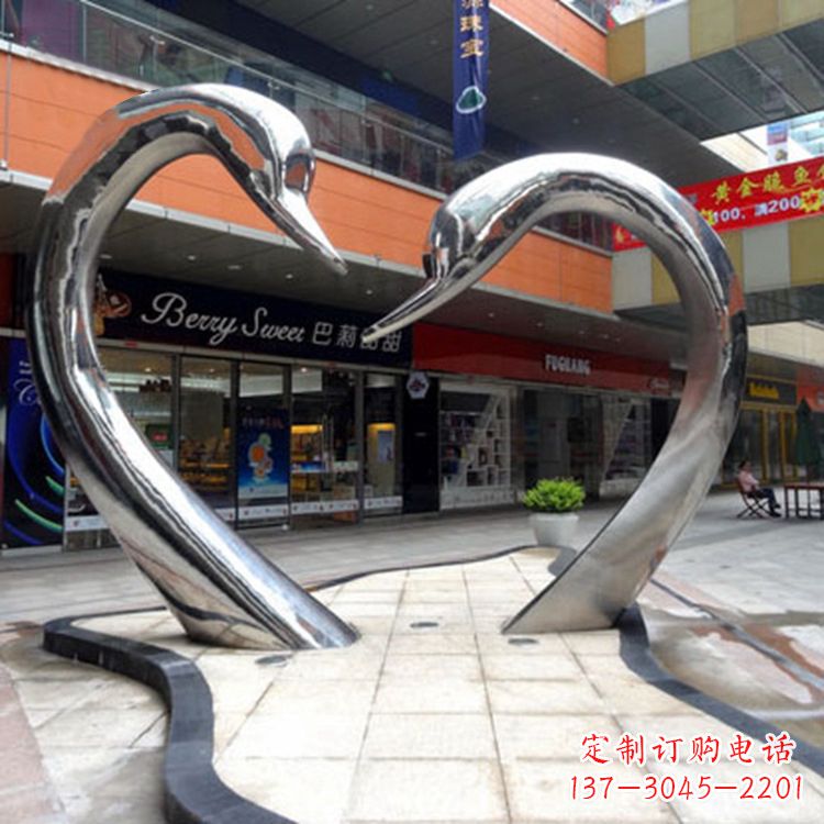 烟台不锈钢爱心天鹅情侣雕塑-大型户外广场抽象动物景观摆件心型天鹅头雕塑