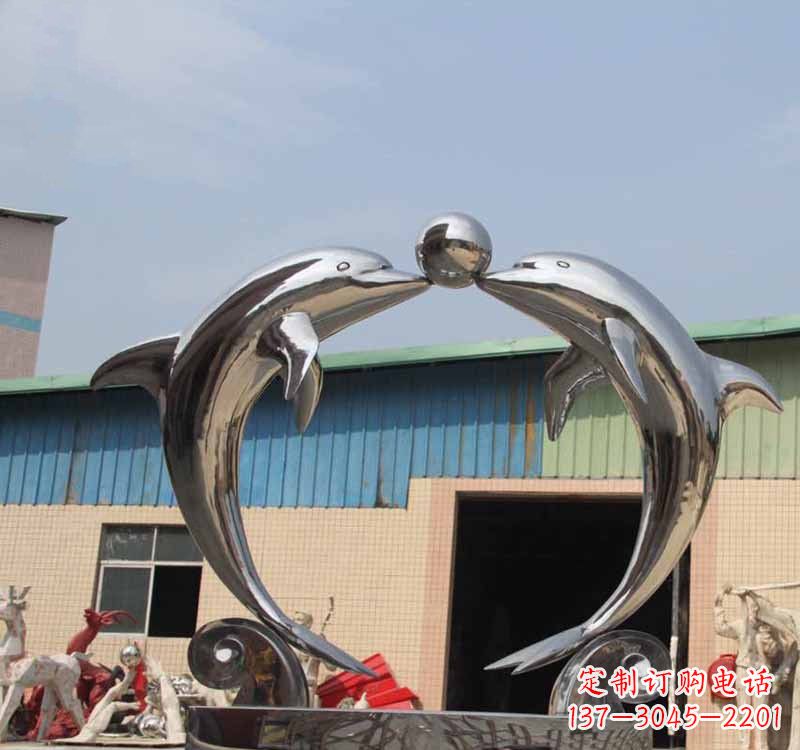 烟台海豚之恋——不锈钢公园镜面海豚顶球雕塑