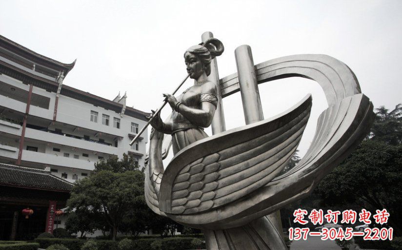 烟台古典美女不锈钢吹笛子雕塑