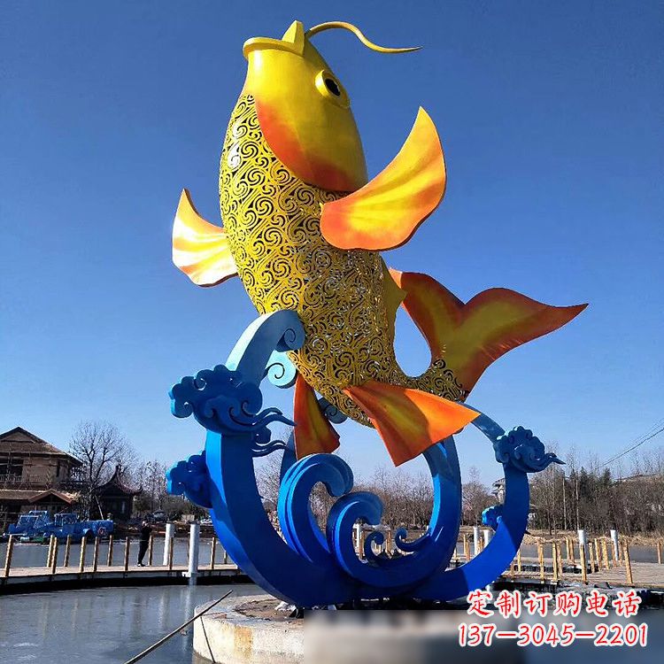 烟台彩绘不锈钢鱼跃雕塑-大型水景喷泉动物雕塑