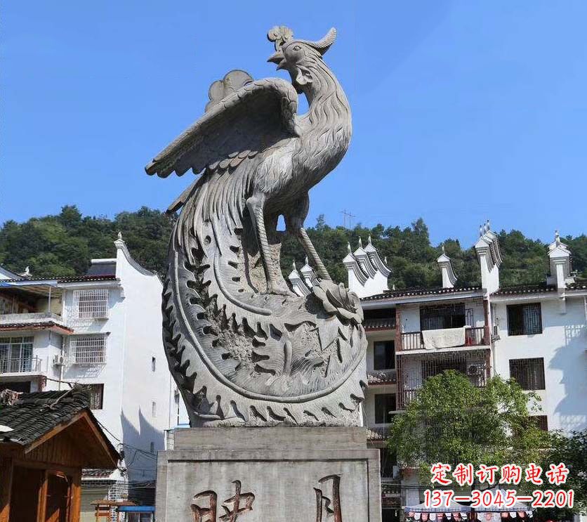烟台城市景点凤凰石雕,青石石刻神兽雕塑