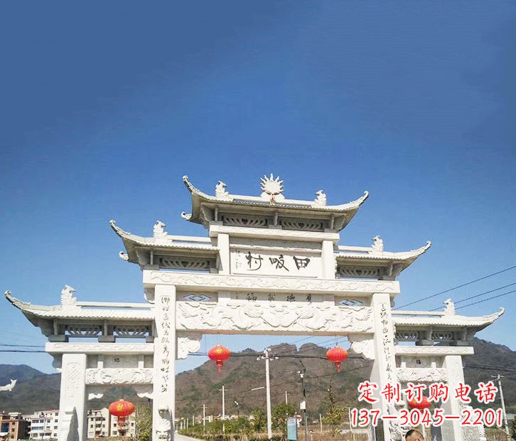 烟台村庄三门五楼石牌坊石雕 (2)