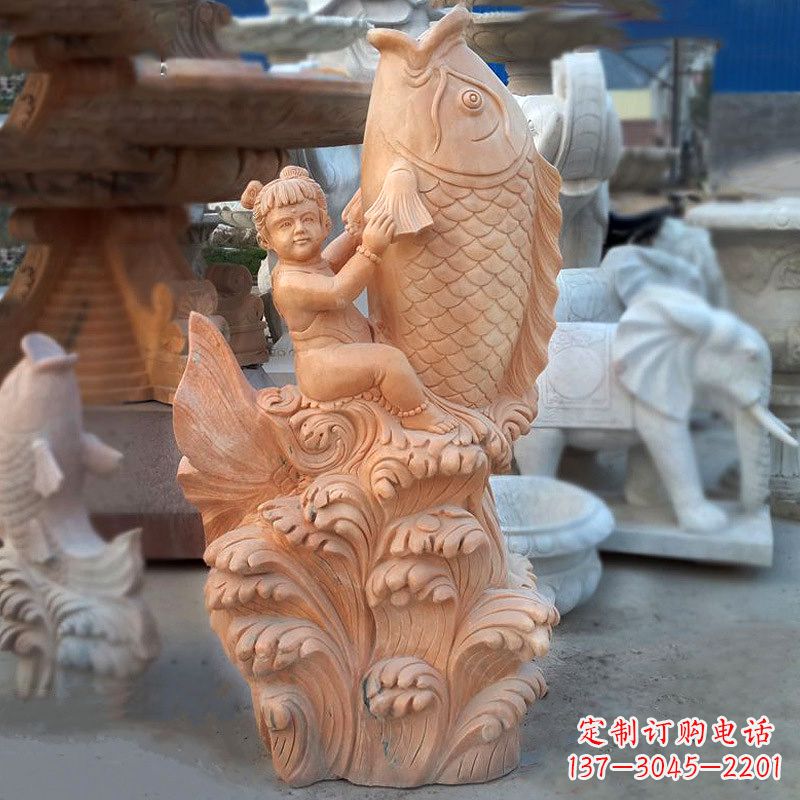 烟台大型喷水鲤鱼景观雕塑-晚霞红石雕动物喷泉