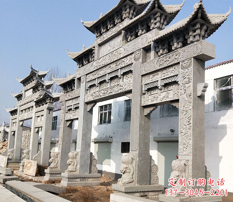 烟台大型五门仿古牌坊石雕 (2)