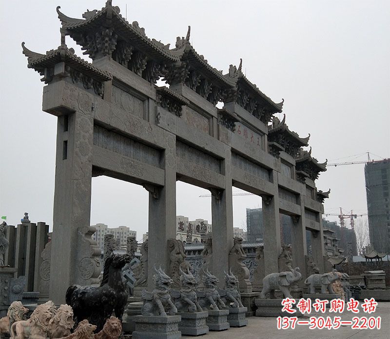 烟台大型五门仿古牌坊石雕 (3)