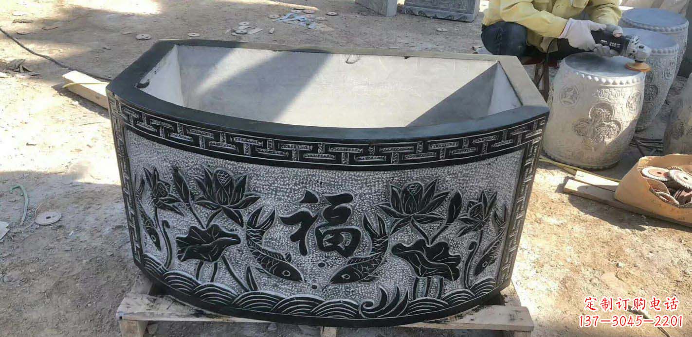 烟台精致方口石浮雕水缸雕塑