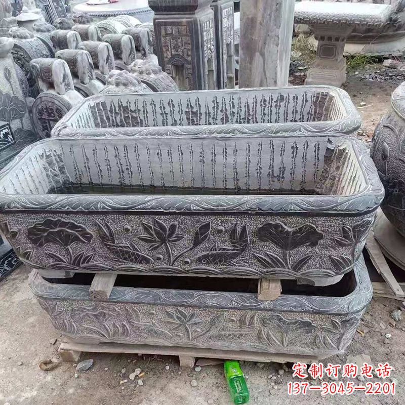 烟台方形石槽雕塑,打造完美家庭养鱼石缸