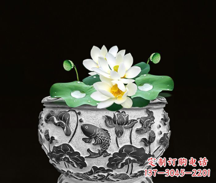 烟台仿古荷花鲤鱼雕塑石水缸