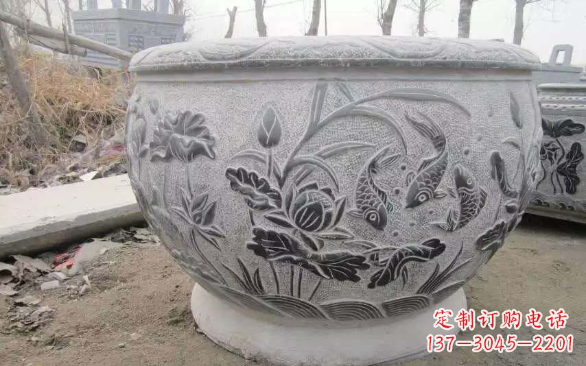烟台仿古雕刻鲤鱼石浮雕水缸