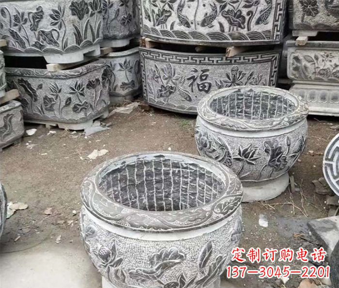 烟台仿古荷花石浮雕水缸