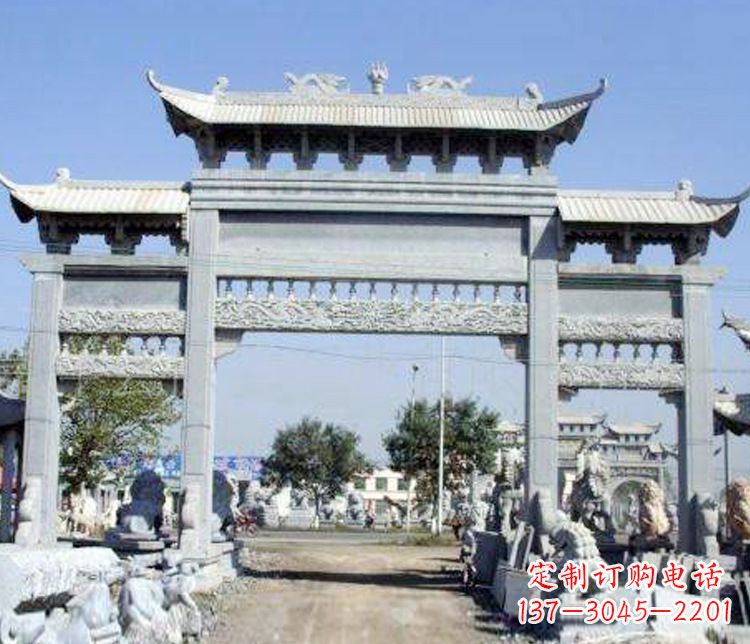 烟台仿古三门牌坊石雕 (9)