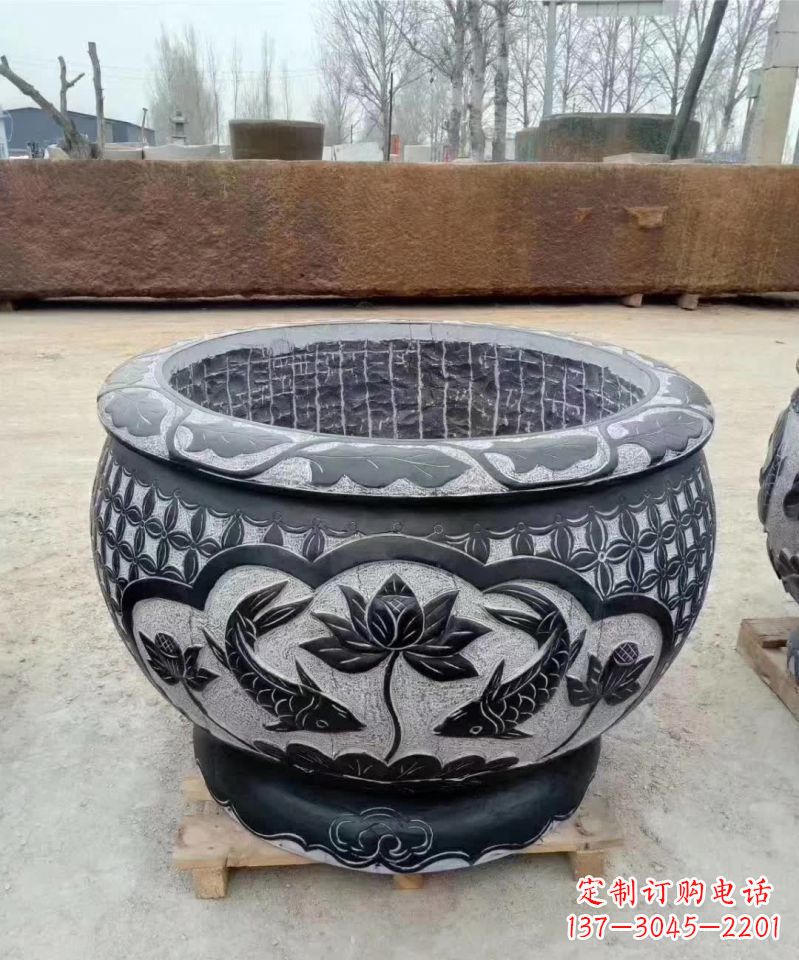 烟台仿古石雕荷花鲤鱼水缸