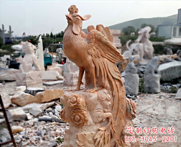 烟台凤凰牡丹晚霞红石雕神兽动物雕塑