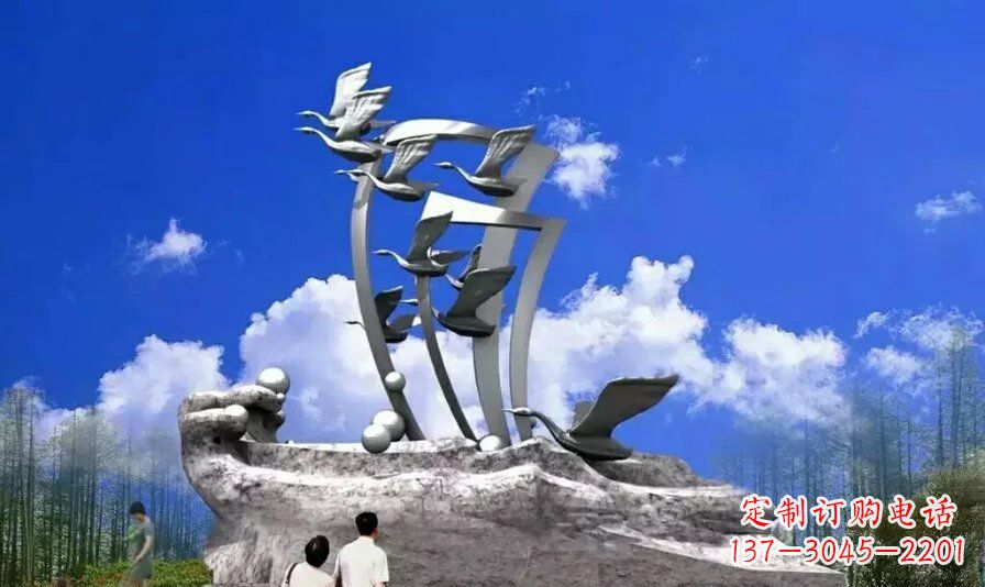 烟台艺术家手工制作的不锈钢飞翔天鹅雕塑