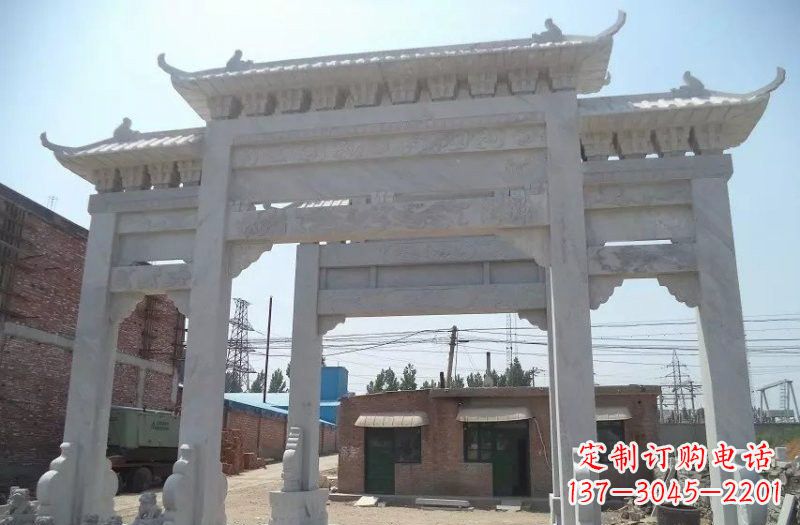 烟台公园汉白玉三门牌坊石雕