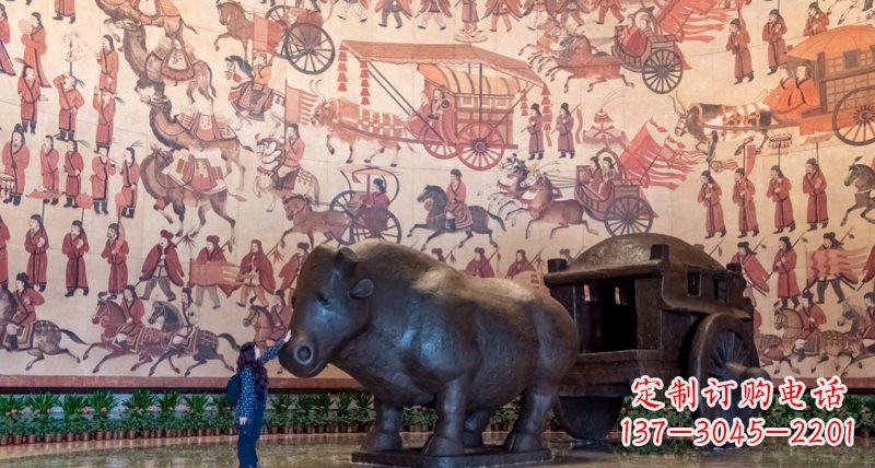 烟台传统风格铜河马拉车景观雕塑