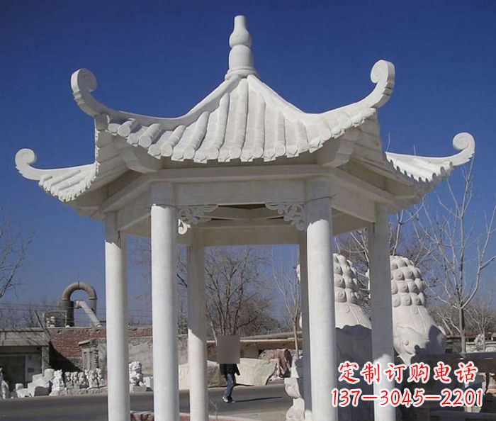 烟台公园景观汉白玉六角石雕凉亭