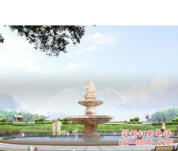 烟台公园景观晚霞红鲤鱼喷泉石雕