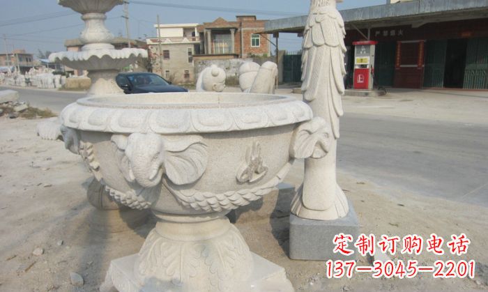 烟台公园景观象头石雕水缸
