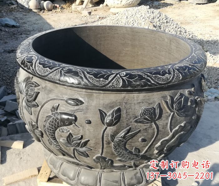 烟台青石仿古雕塑荷花水缸