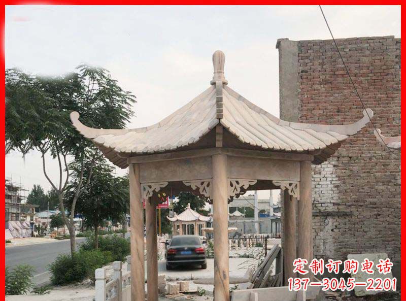 烟台公园晚霞红六角石雕凉亭 (5)