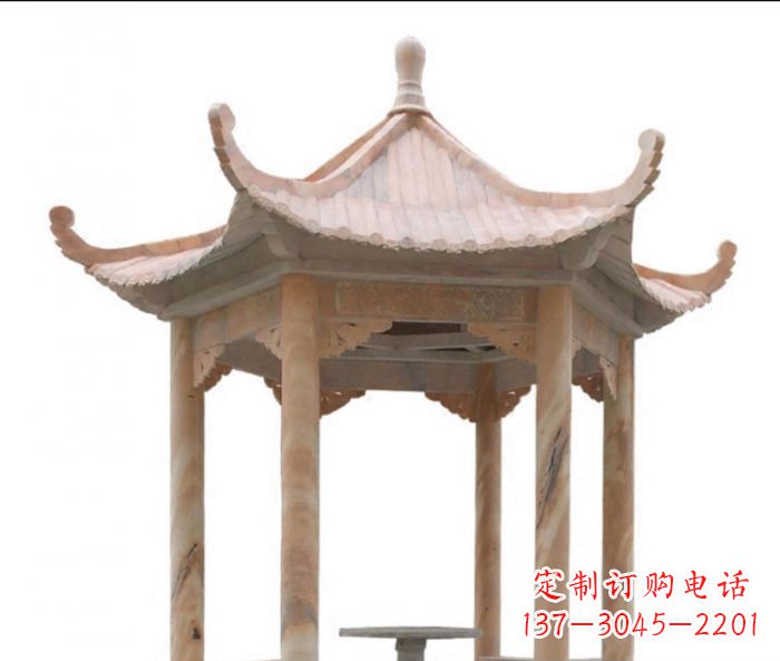 烟台美丽而优雅的公园晚霞红六角石凉亭雕塑