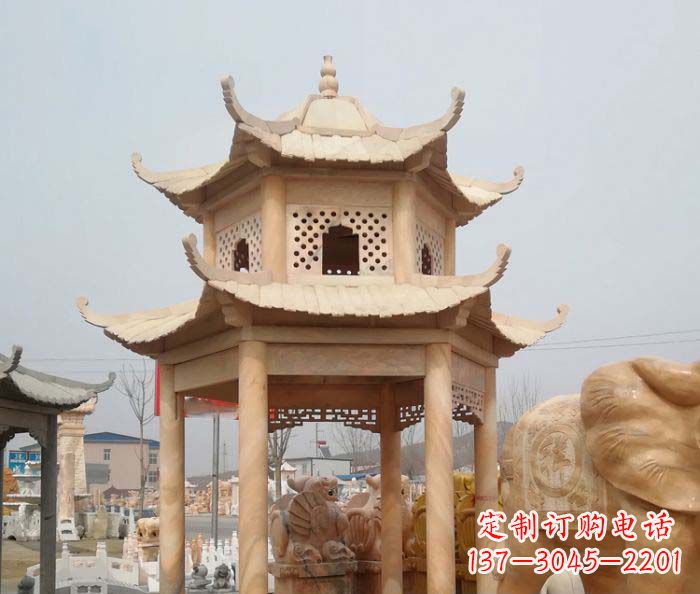 烟台红双层六角石凉亭雕塑