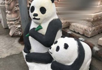 烟台领雕塑——公园母子熊猫石雕