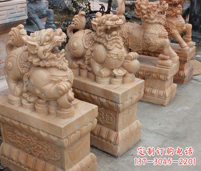 烟台中领雕塑-古代神兽晚霞红貔貅石雕