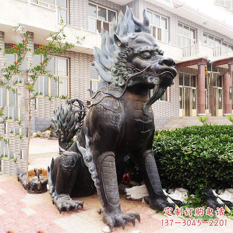 烟台古铜色镇宅铜麒麟雕塑,精美绝伦!