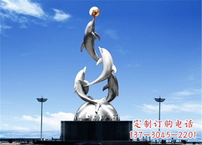 烟台广场不锈钢海豚欢腾动物雕塑