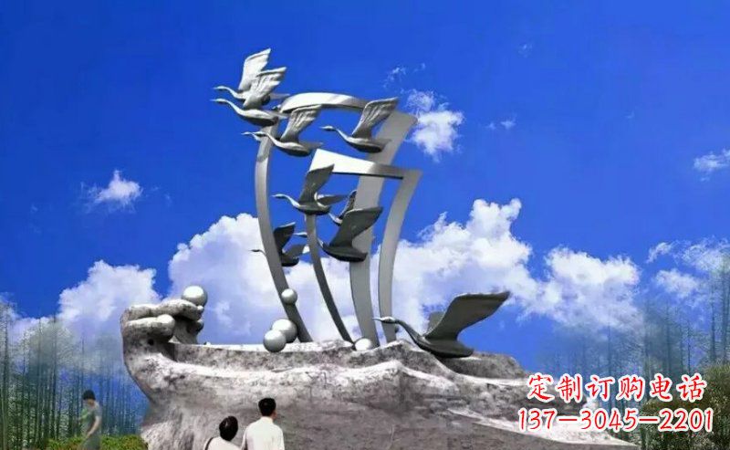 烟台中领雕塑:大雁不锈钢雕塑,质感优雅