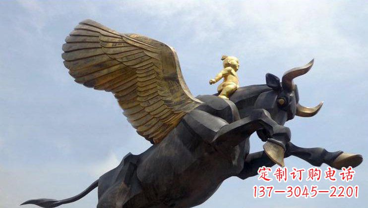 烟台广场骑飞牛的小孩景观铜雕