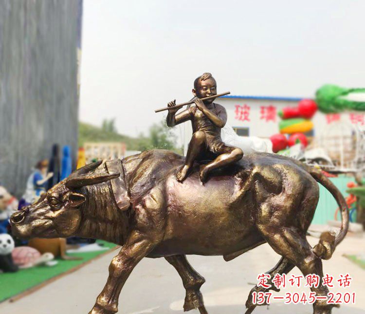 烟台广场铜雕牧童吹笛动物雕塑