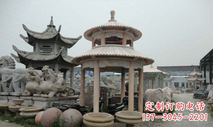 烟台海景石雕凉亭——晚霞红圆顶石雕凉亭