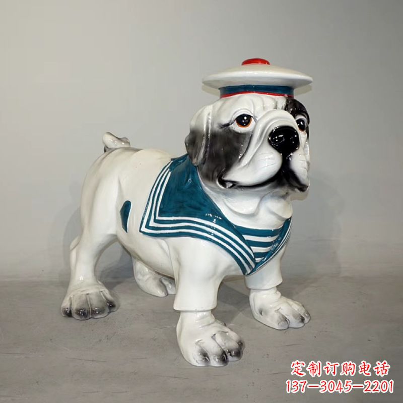 烟台海军玻璃钢仿陶瓷斗牛犬狗雕塑