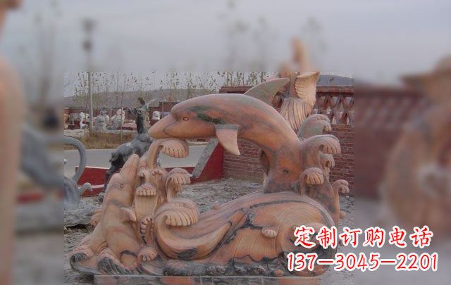 烟台海豚海浪石雕,精美艺术品