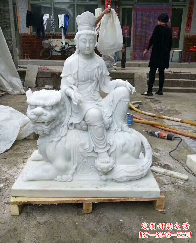 烟台高端汉白玉文殊菩萨狮子雕塑