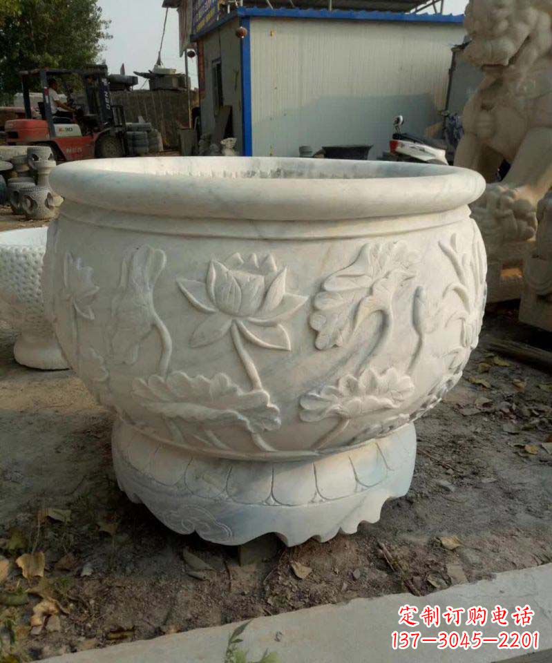烟台汉白玉荷花石浮雕水缸