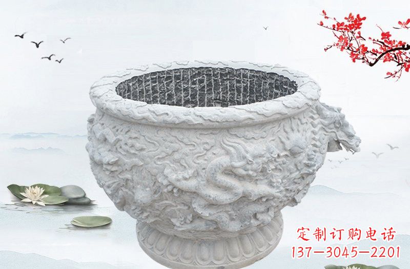 烟台汉白玉龙浮雕水缸,传承传统经典