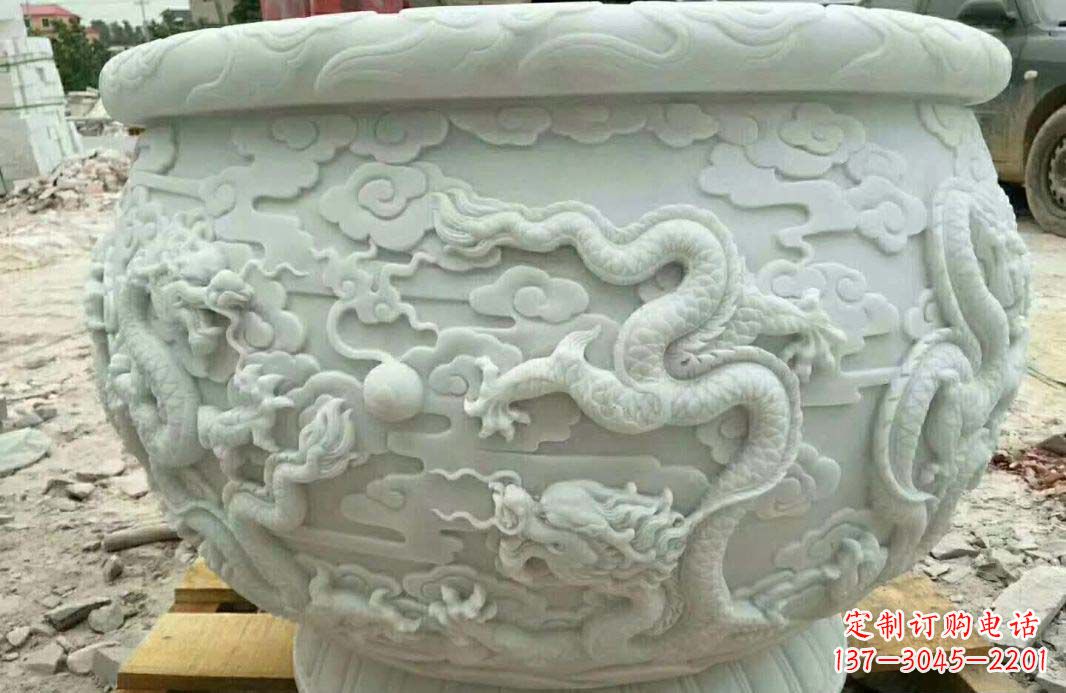 烟台汉白玉龙浮雕水缸雕塑