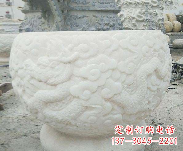 烟台汉白玉龙浮雕招财水缸,让你家居多一份福气