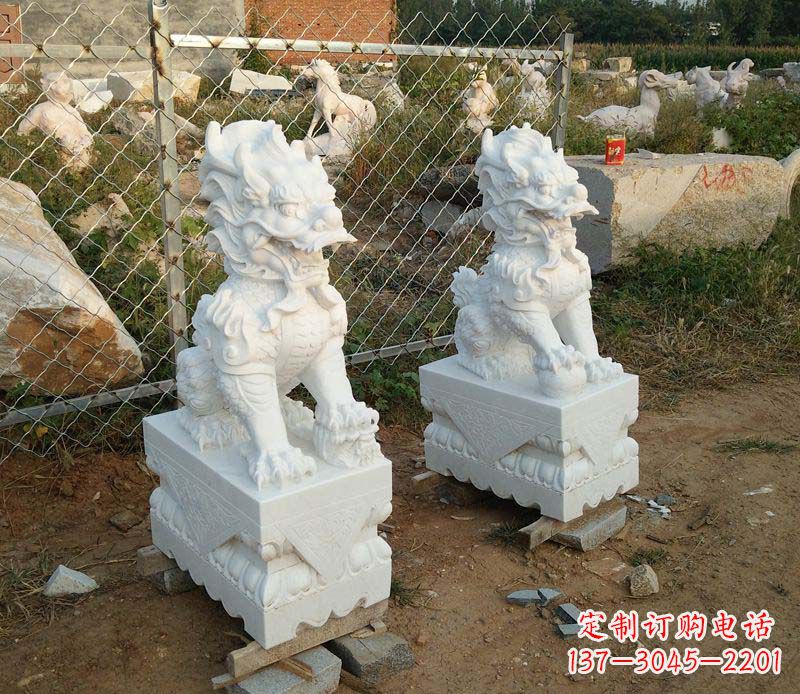 烟台汉白玉门口踩球麒麟石雕