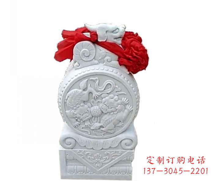 烟台汉白玉貔貅抱鼓石招财石门墩