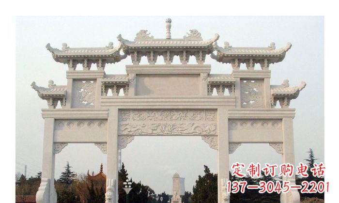 烟台汉白玉三门牌坊石雕艺术品