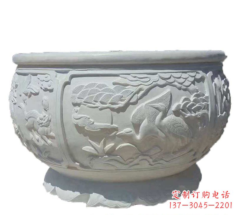 烟台汉白玉松鹤延年浮雕水缸,带给您无尽的岁月美景